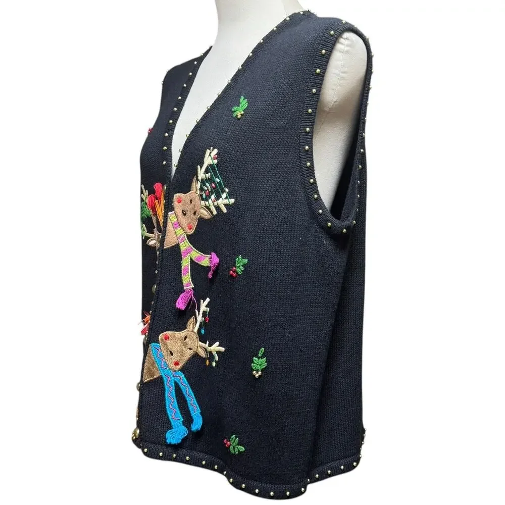 Hampshire Studio Snow Sweater Vest Reindeer Black XL